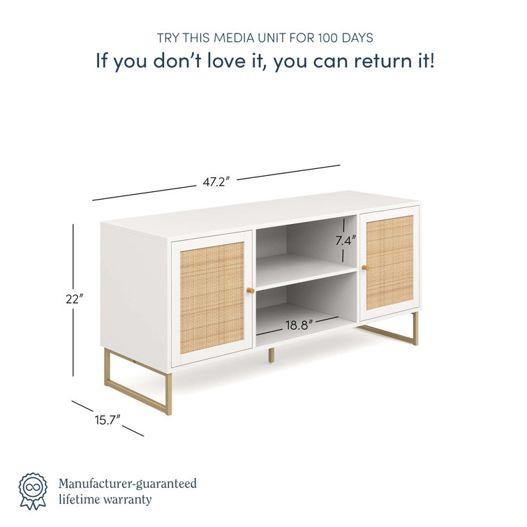 White and Gold Rattan Door TV Stand for 55" TVs