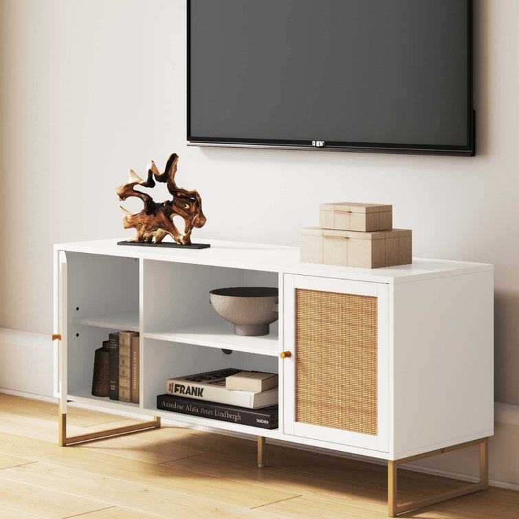 White and Gold Rattan Door TV Stand for 55" TVs