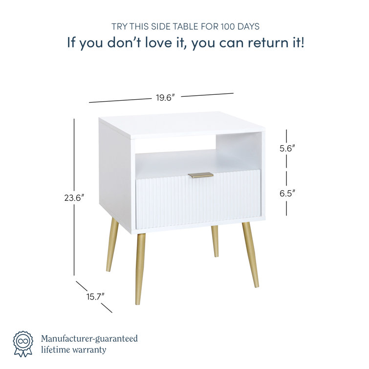 Jacklyn White and Gold Mid-Century Nightstands with Drawer, Set of 2
