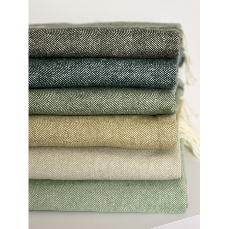 Olive Green Herringbone Wool Blend Throw Blanket