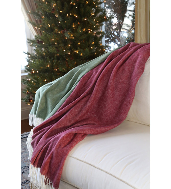 Olive Green Herringbone Wool Blend Throw Blanket