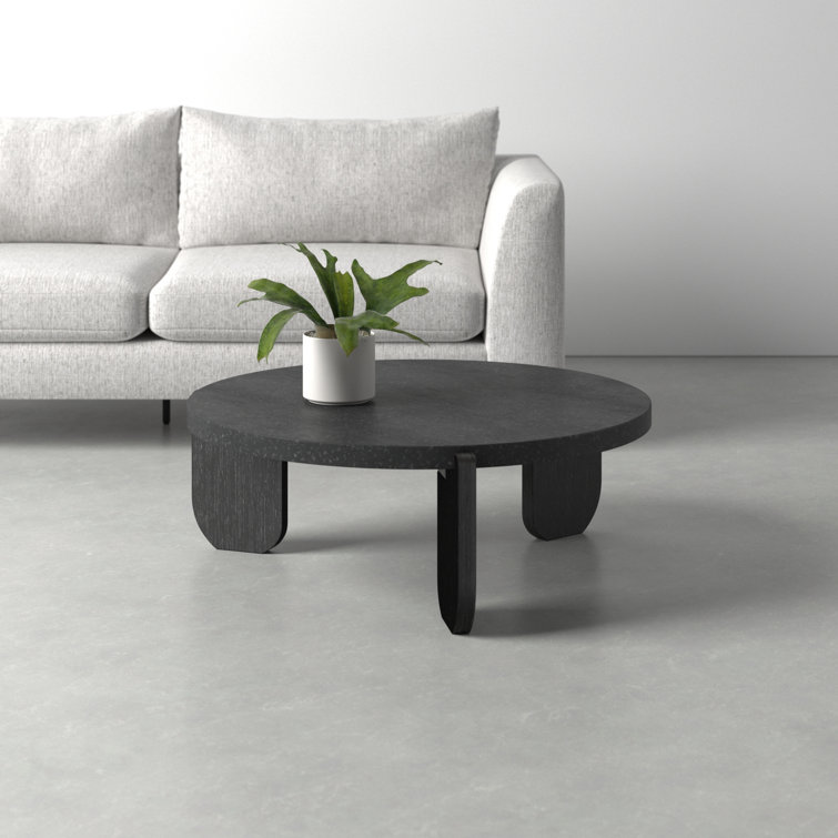 Black Round Stone Top Coffee Table with Acacia Legs