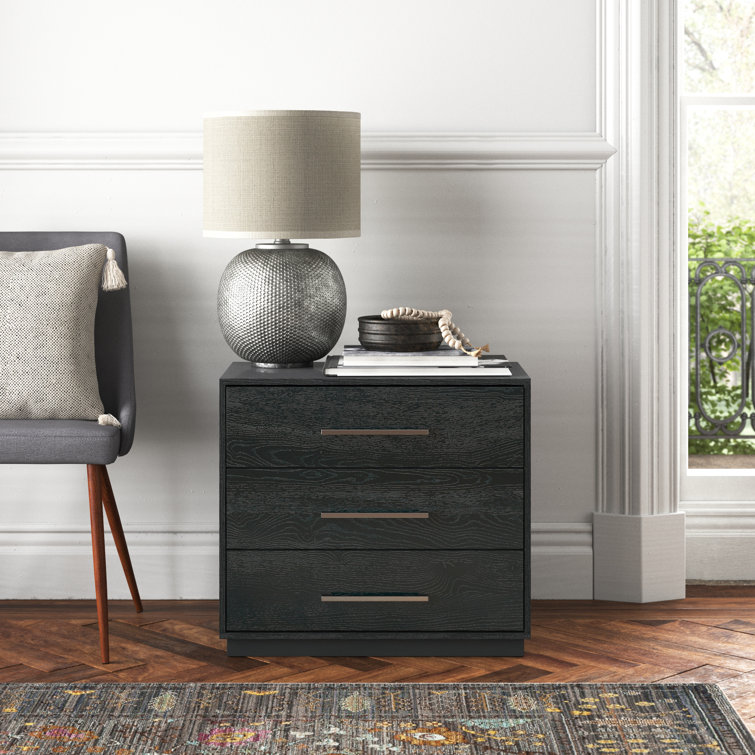 Mallory Contemporary Black Nightstand with Bronze Pulls, 3 Drawers