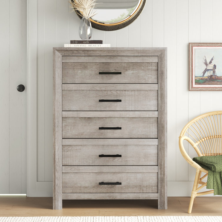 Ash White 5-Drawer Chest with Black Pulls