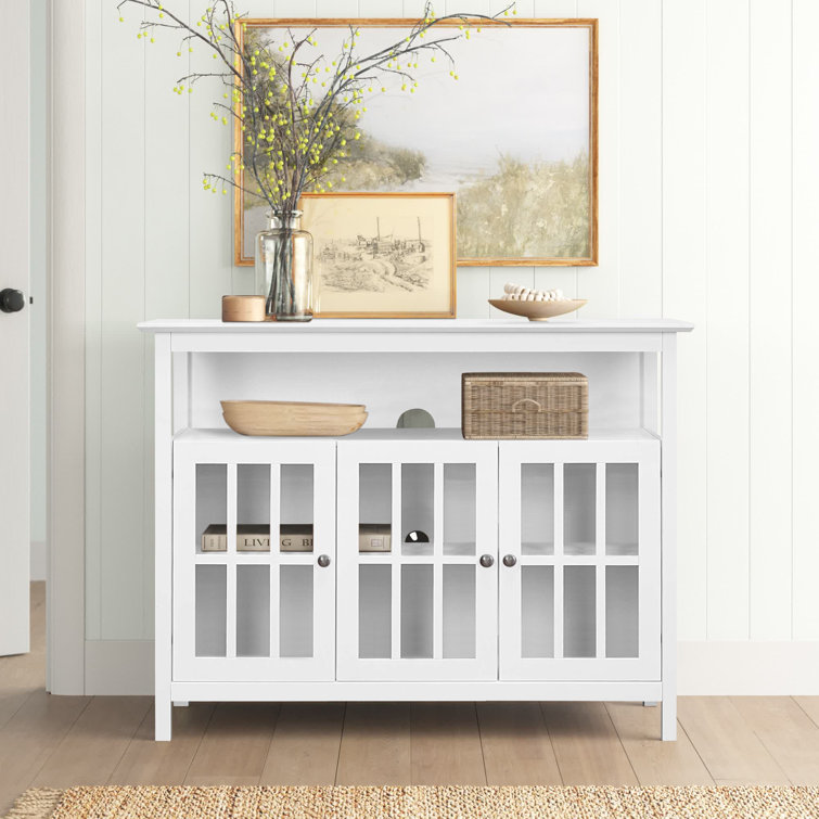 White Solid Pine TV Stand with Glass Cabinet Doors for 55" TVs