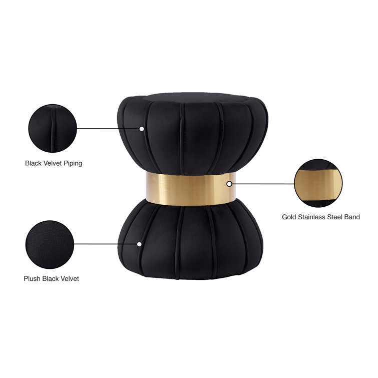Black Velvet Tufted Round Ottoman with Gold Band