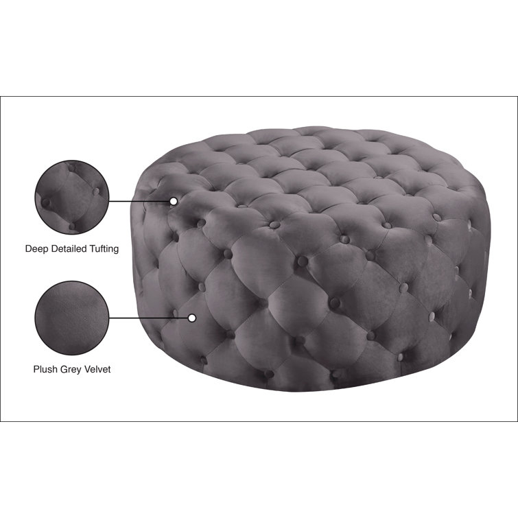 Gray Velvet Tufted Round Ottoman with Eucalyptus Wood Frame