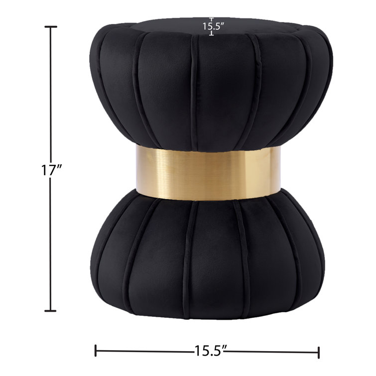 Black Velvet Tufted Round Ottoman with Gold Band