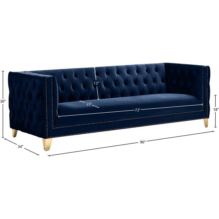 Michelle 90'' Navy Velvet Tufted Sofa with Gold Nailhead Trim