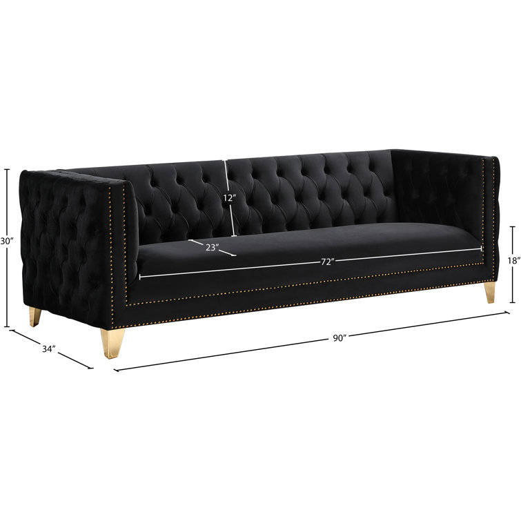 Michelle 90'' Black Velvet Sofa with Gold Nailhead Trim