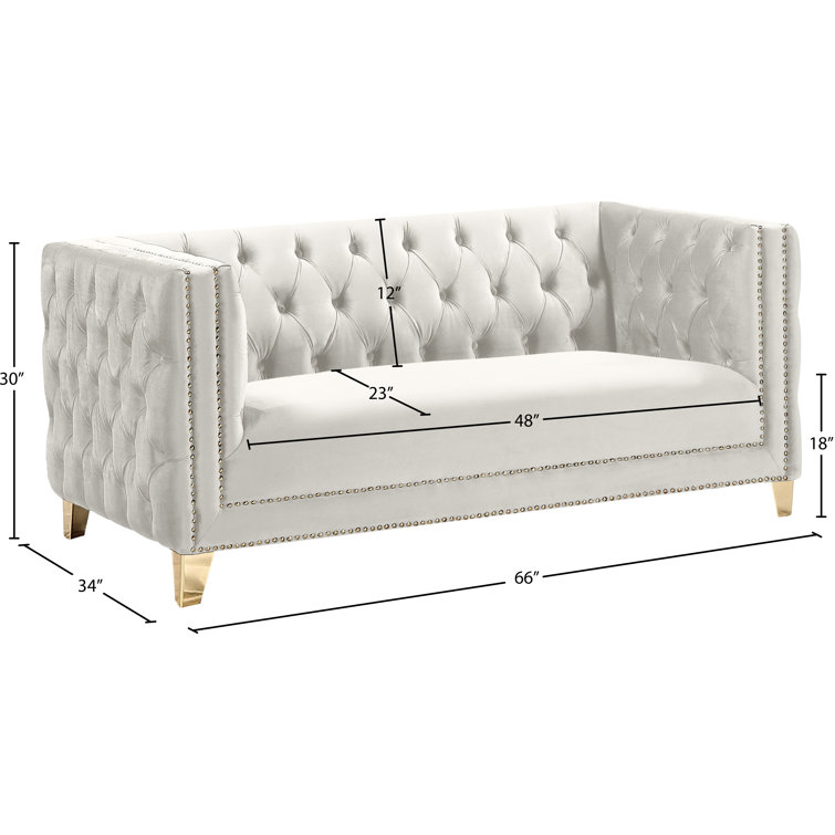 Elegant 66'' Cream Velvet Loveseat with Gold Nailhead Trim