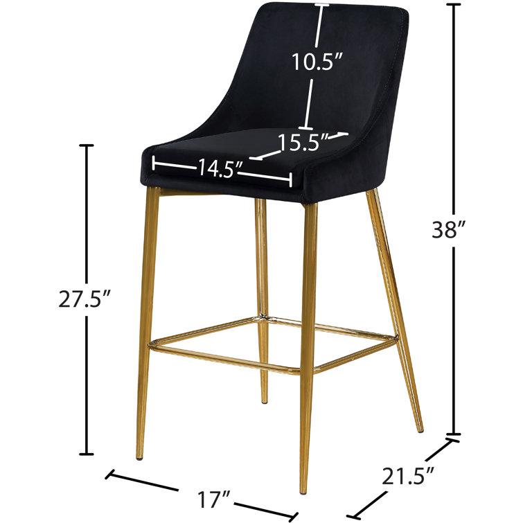 Contemporary Black Velvet Counter Stool with Polished Gold Metal Legs