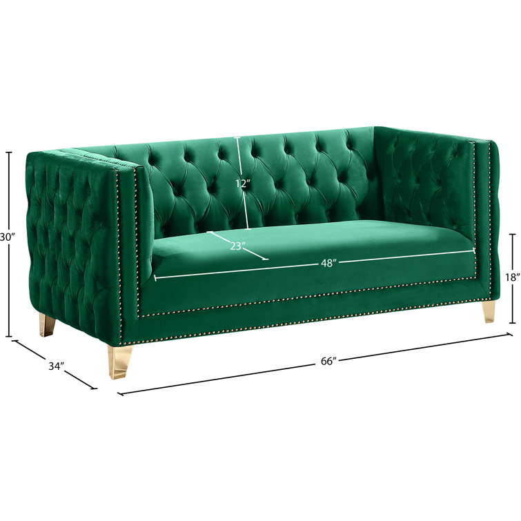 Michelle 66'' Green Velvet Tufted Loveseat with Gold Nailhead Trim