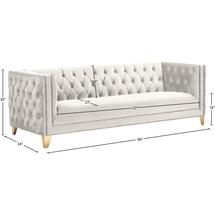 Michelle 90'' Cream Velvet Tufted Sofa with Gold Nailhead Trim