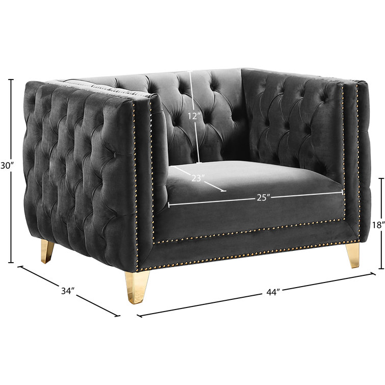 Elegant 34'' Grey Velvet Tufted Armchair with Gold Iron Legs