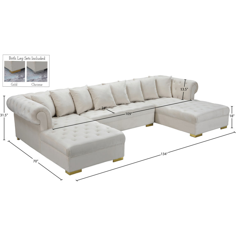 Cream Velvet Tufted Three Piece Sectional Sofa with Solid Wood Frame