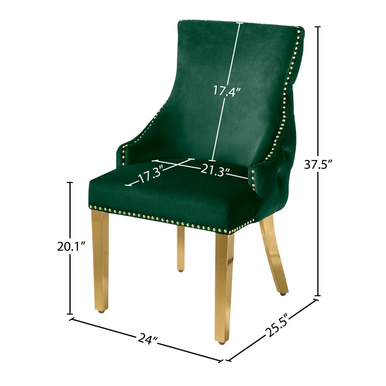 Green Tufted Vegan Leather Side Chair with Gold Legs, Set of 2