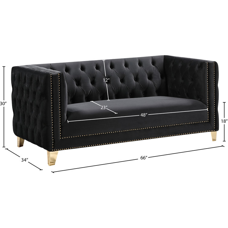 Glamorous Michelle 66'' Black Velvet Tufted Loveseat with Gold Nailhead Trim