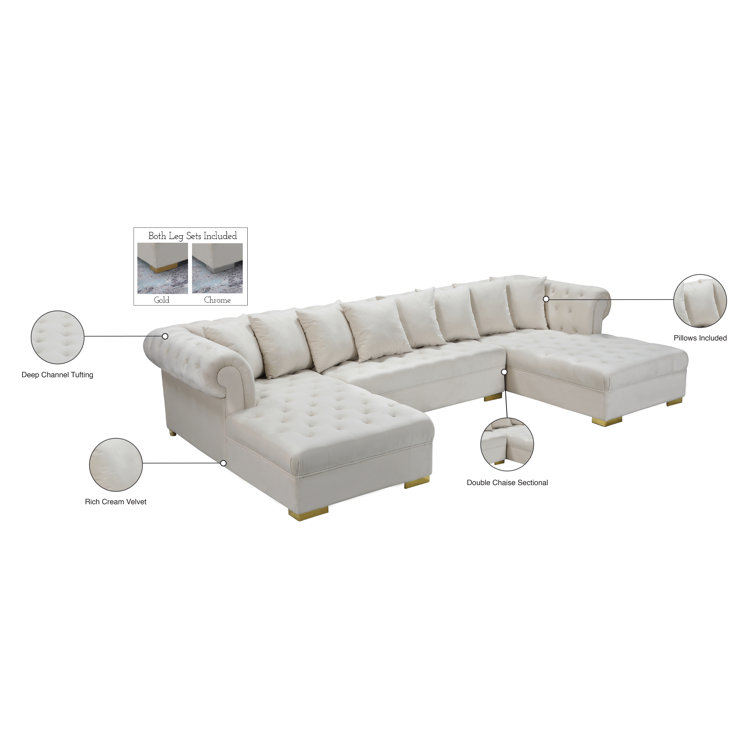 Cream Velvet Tufted Three Piece Sectional Sofa with Solid Wood Frame