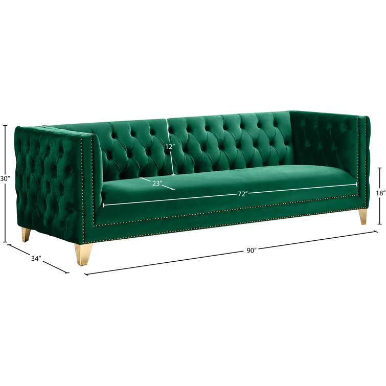 Green Velvet Tufted Sofa with Gold Nailhead Trim