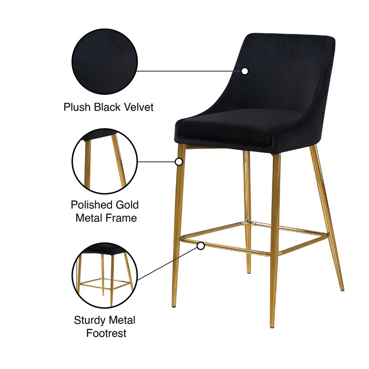Contemporary Black Velvet Counter Stool with Polished Gold Metal Legs