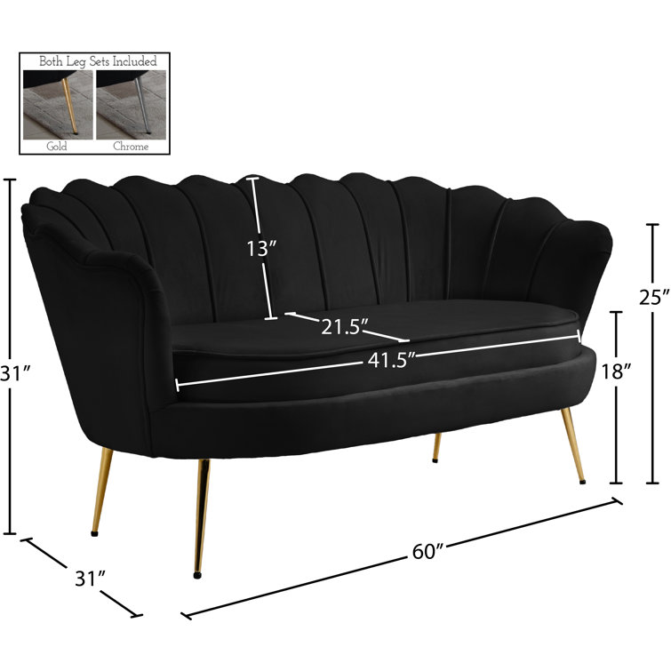 Elegant Shell-Back 60'' Black Velvet Tufted Loveseat with Gold Chrome Legs