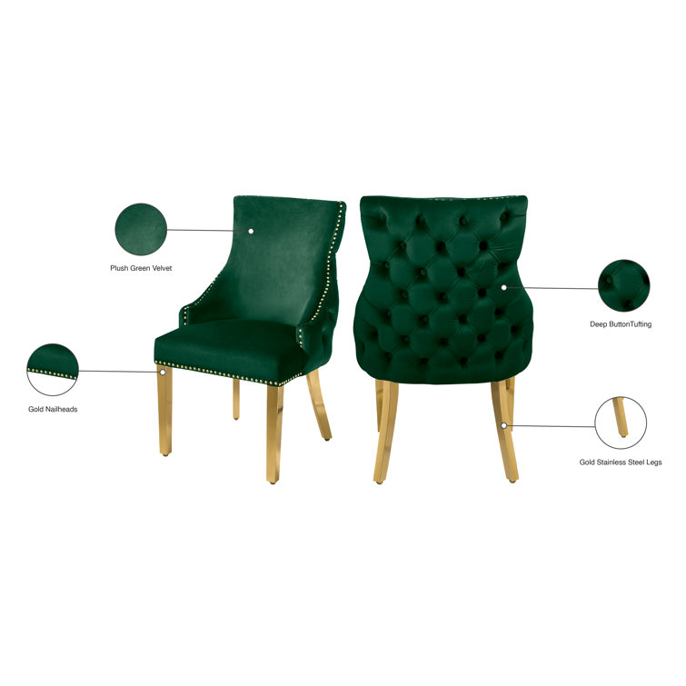 Green Tufted Vegan Leather Side Chair with Gold Legs, Set of 2