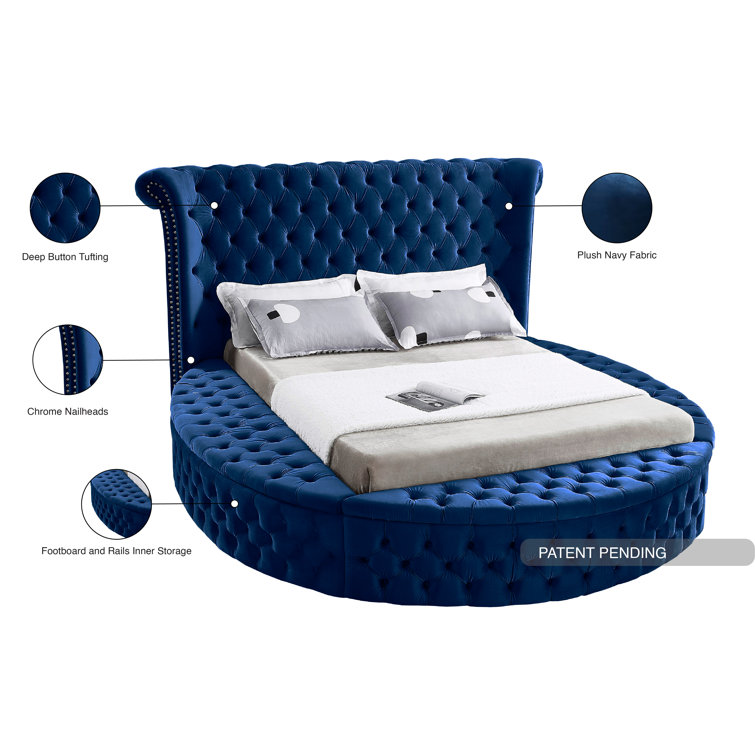 Luxus Navy Velvet Queen Bed with Tufted Upholstered Headboard