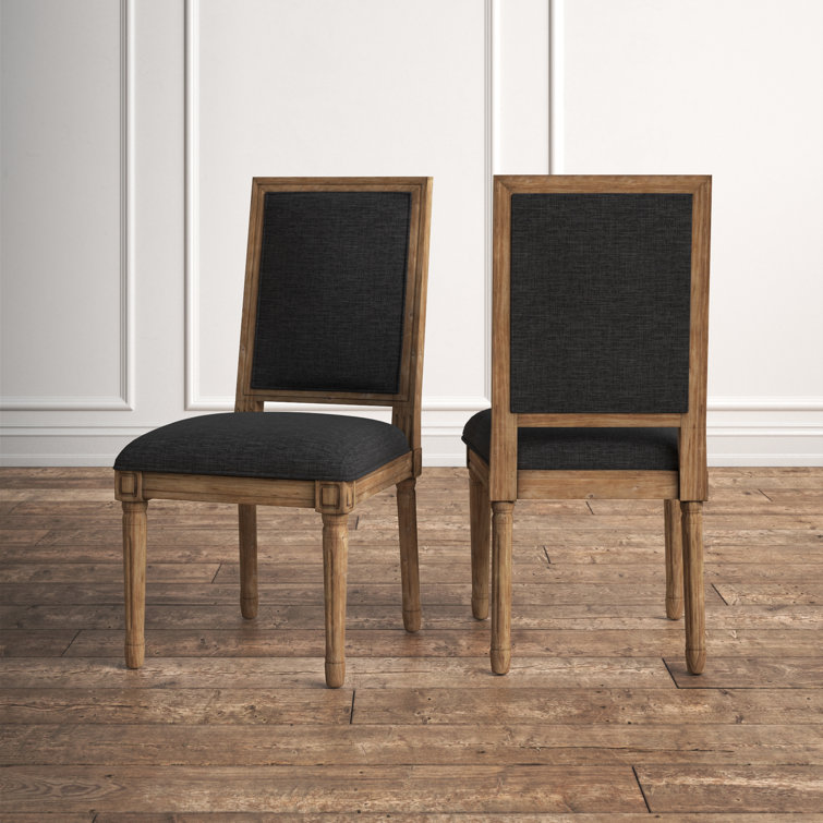 Dark Gray Linen Upholstered Dining Chair with Natural Wood Frame