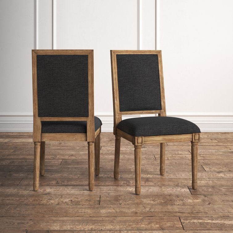 Dark Gray Linen Upholstered Dining Chair with Natural Wood Frame