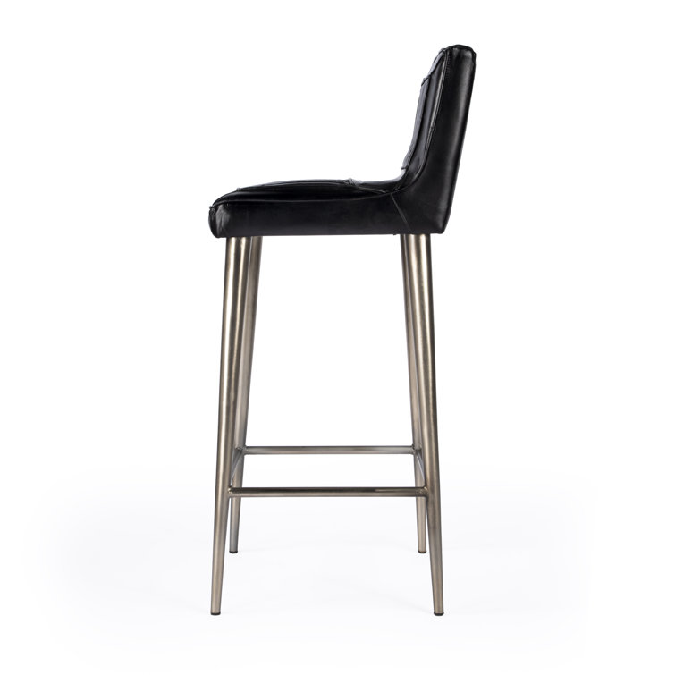 Vintage-Inspired Supple Black Leather Bar Stool with Iron Frame