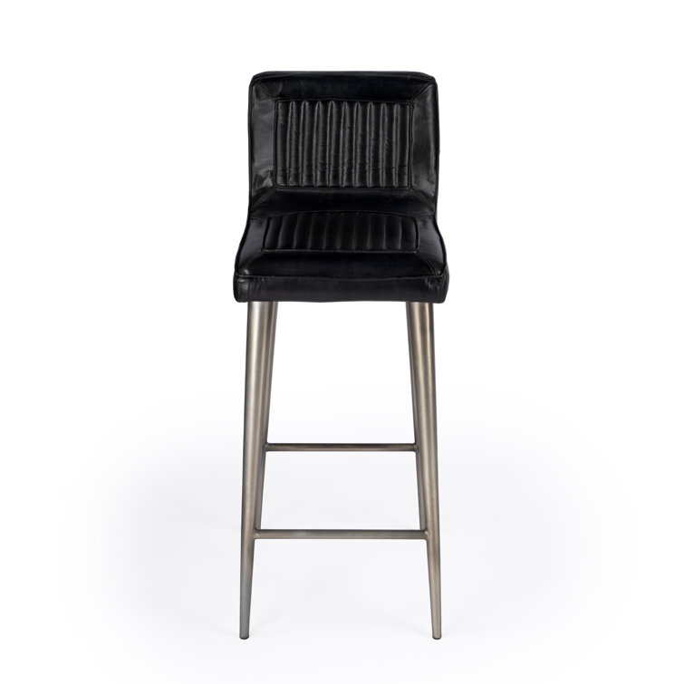 Vintage-Inspired Supple Black Leather Bar Stool with Iron Frame