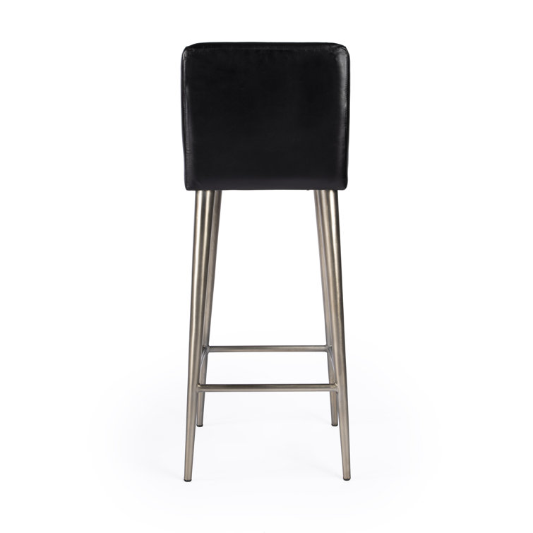 Vintage-Inspired Supple Black Leather Bar Stool with Iron Frame