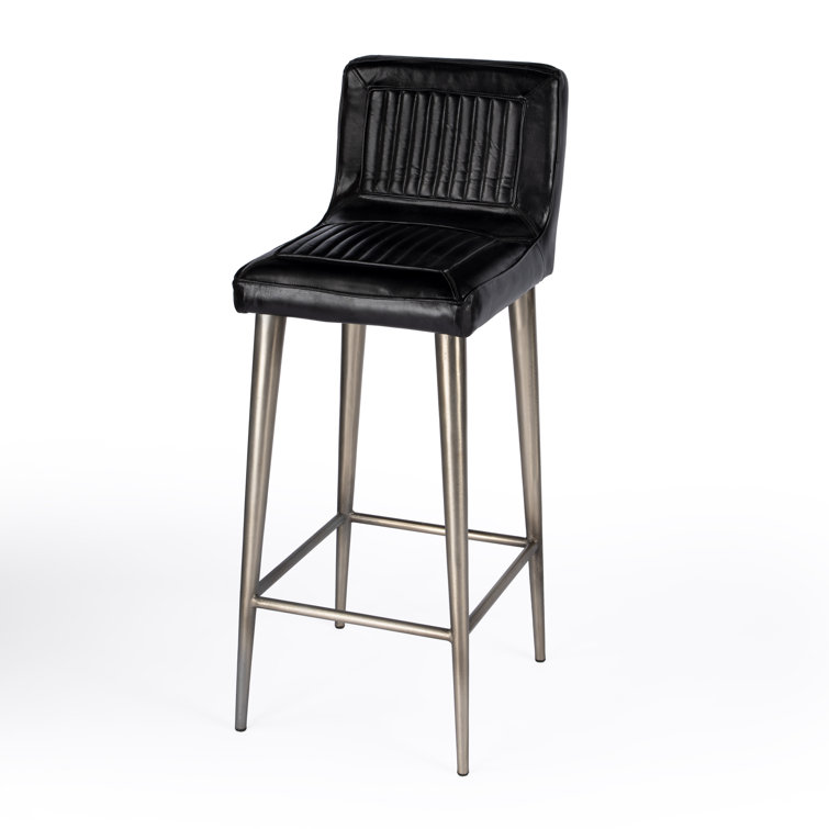 Vintage-Inspired Supple Black Leather Bar Stool with Iron Frame