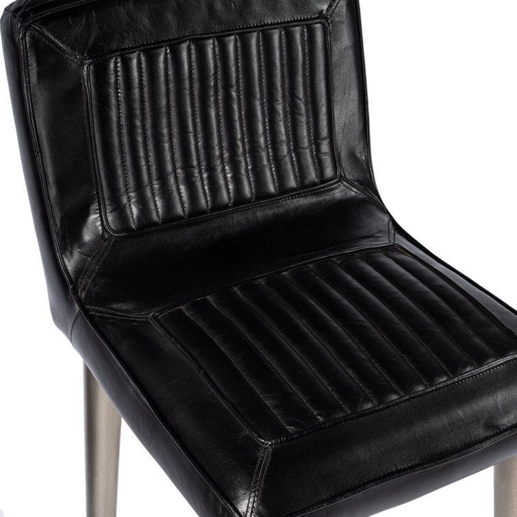 Vintage-Inspired Supple Black Leather Bar Stool with Iron Frame