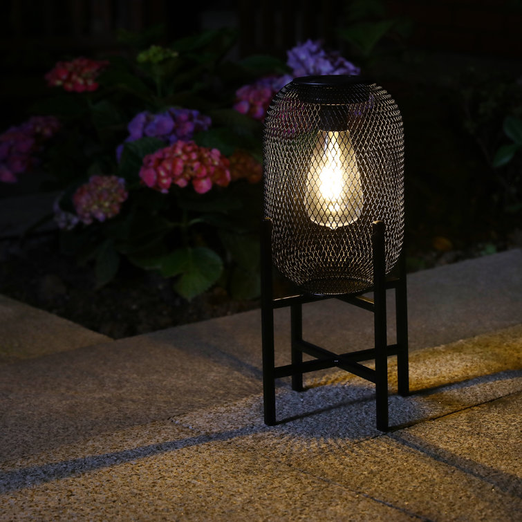 14.25" Black Metal Mesh Solar Outdoor Lantern with Stand