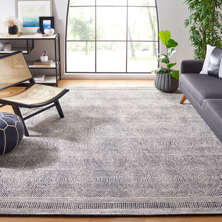 Handmade Ivory & Charcoal Wool Abstract Tufted Square Rug - 4'x4'