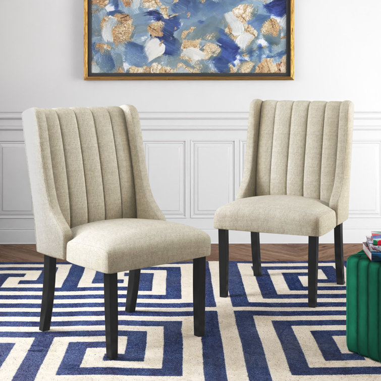 Beige Velvet Upholstered Parsons Side Chair with Wood Legs