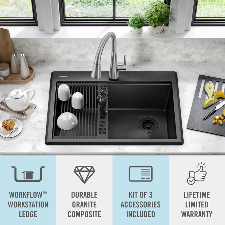 Black Granite Composite Single Bowl Kitchen Sink with WorkFlow Ledge