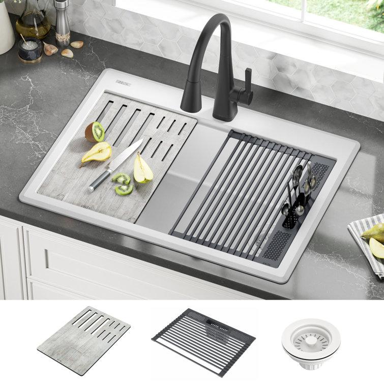 White Granite Composite Single Bowl Workstation Kitchen Sink