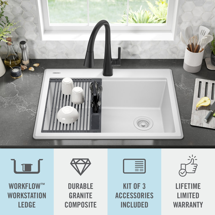White Granite Composite Single Bowl Workstation Kitchen Sink