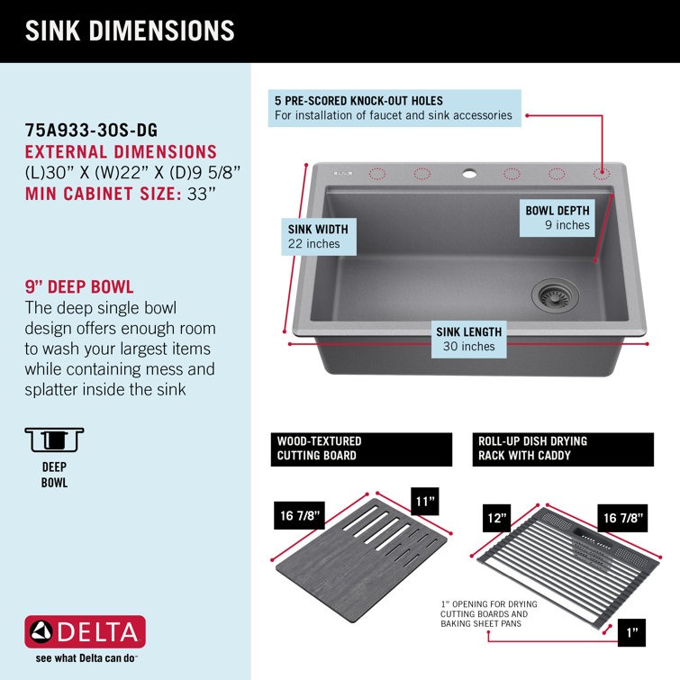 Delta Everest 30" Gray Granite Composite Single Bowl Workstation Sink