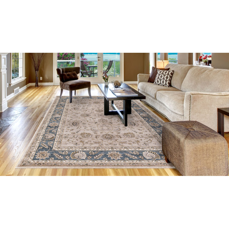 Beige and Blue Synthetic 8' x 10' Stain-Resistant Oriental Rug