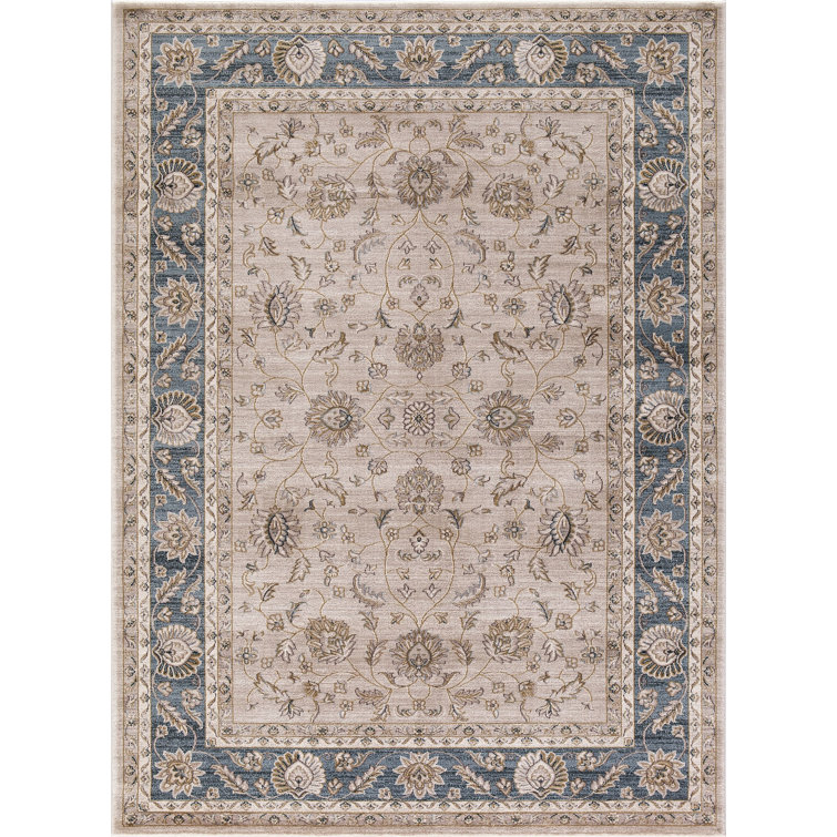 Beige and Blue Synthetic 8' x 10' Stain-Resistant Oriental Rug
