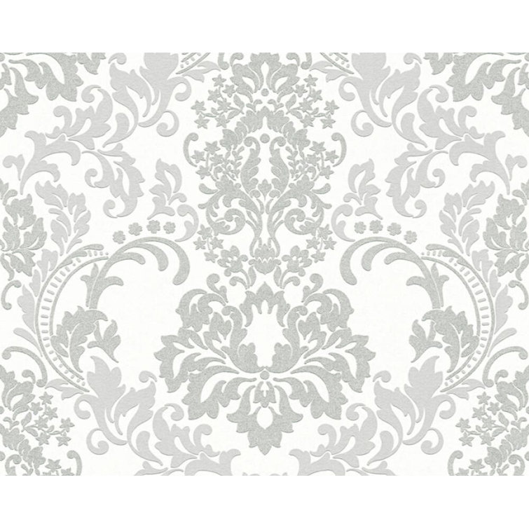 White and Gray Damask Non-Woven Textured Wallpaper