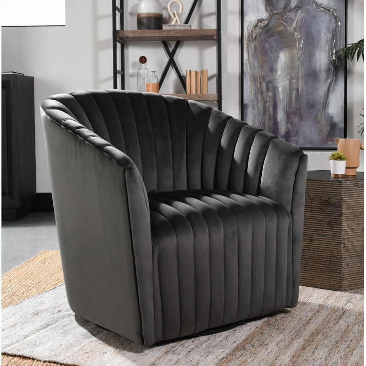 Handcrafted Gray Polyester Swivel Barrel Chair with Solid Wood Frame