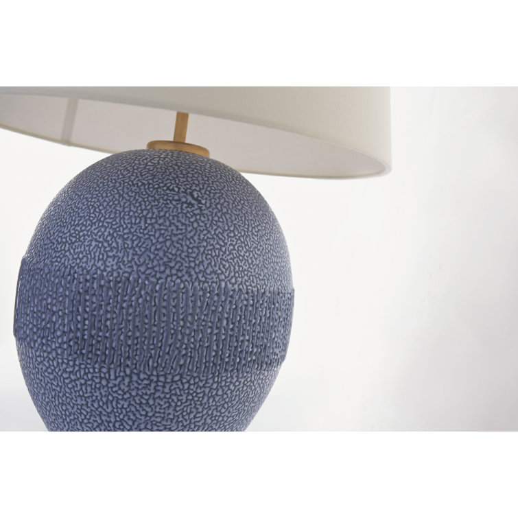 Beaded Blue Ceramic Table Lamp with Linen Shade