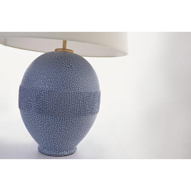 Beaded Blue Ceramic Table Lamp with Linen Shade