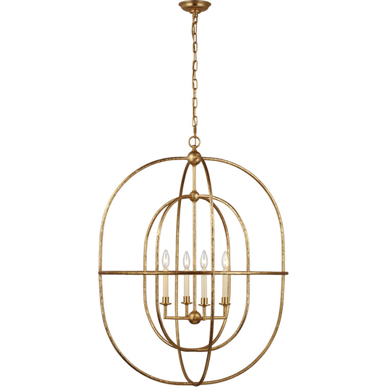 Gilded Iron Oval Lantern Chandelier with Crystal Accents