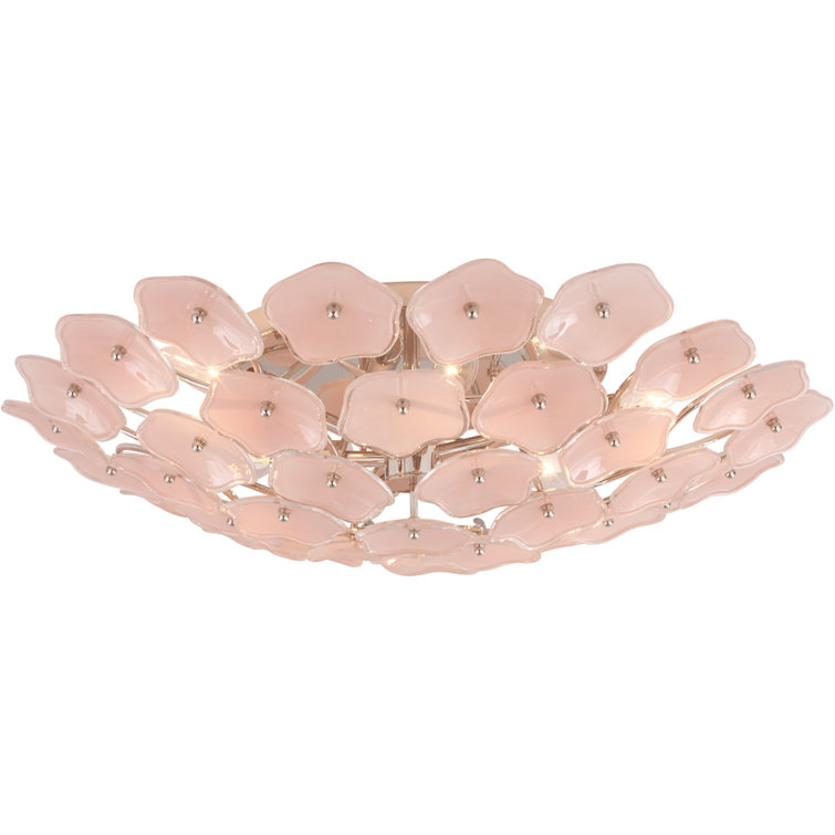 Blush Tinted Glass and Nickel Floral Flush Mount Light